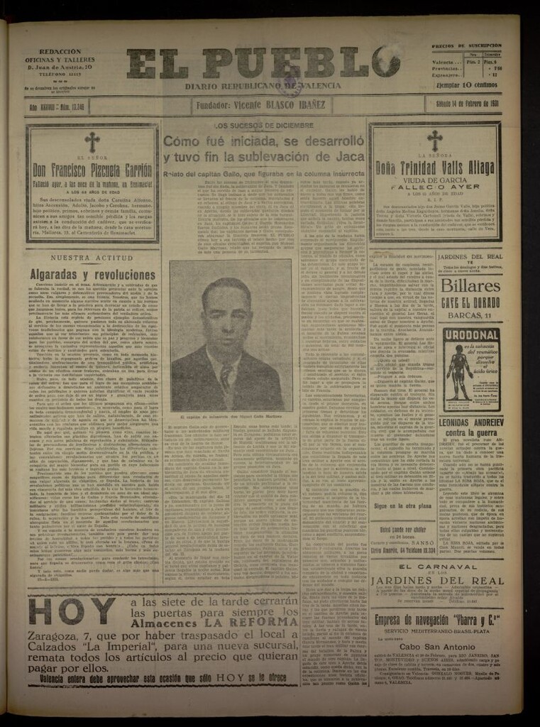 Miniatura de El Pueblo : Diario republicano de Valencia del 14 de febrero de 1931, nº 13346