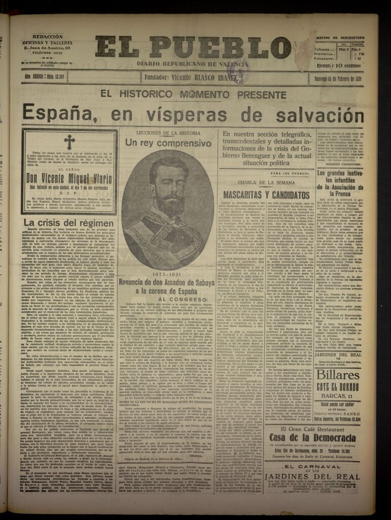 Miniatura de El Pueblo : Diario republicano de Valencia del 15 de febrero de 1931, nº 13347