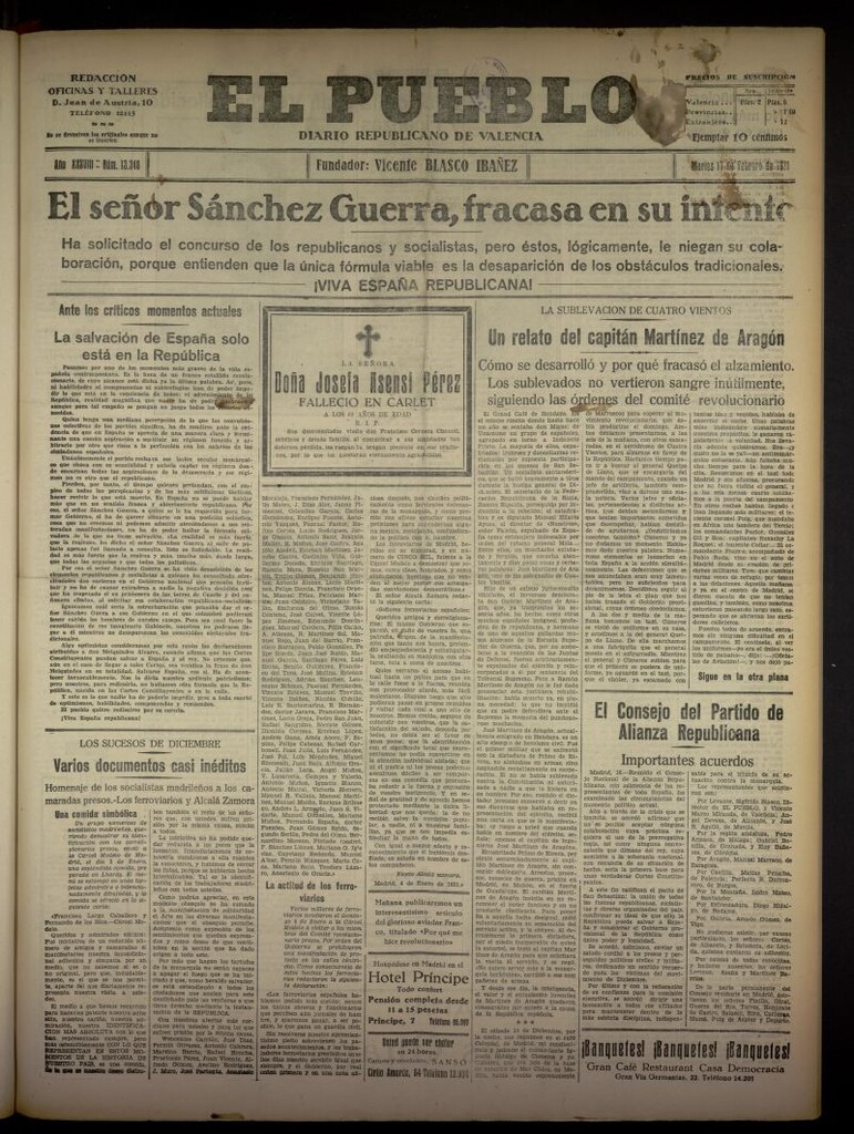 Miniatura de El Pueblo : Diario republicano de Valencia del 17 de febrero de 1931, nº 13348