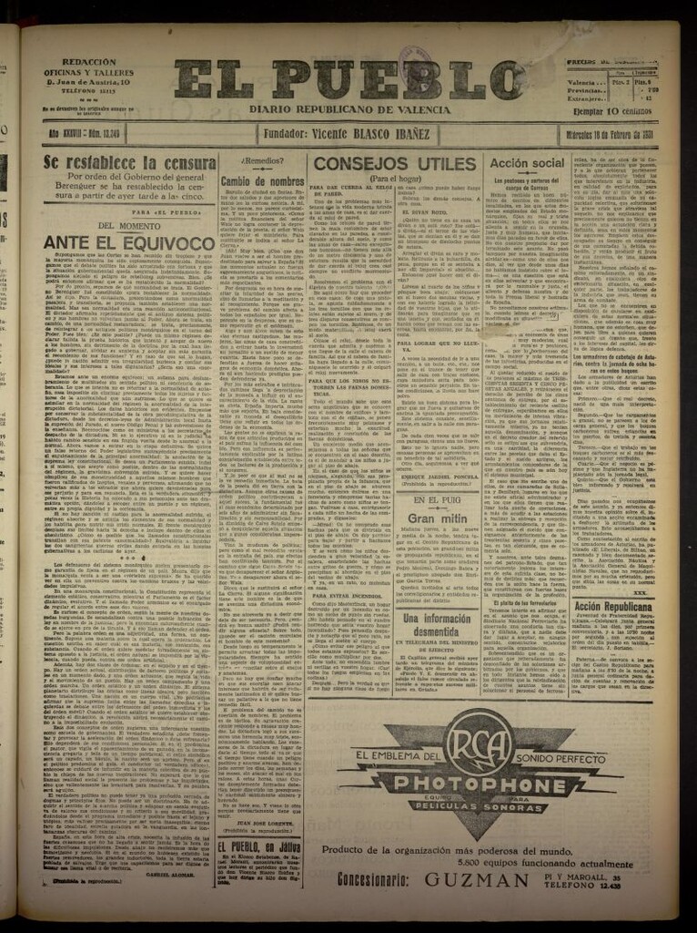 Miniatura de El Pueblo : Diario republicano de Valencia del 18 de febrero de 1931, nº 13349