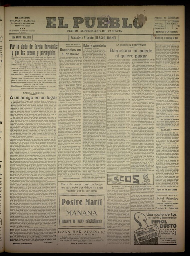 Miniatura de El Pueblo : Diario republicano de Valencia del 20 de febrero de 1931, nº 13351