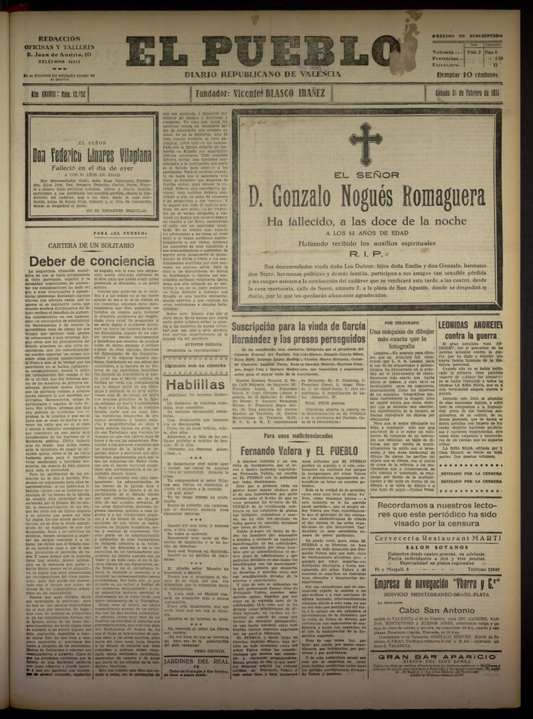 Miniatura de El Pueblo : Diario republicano de Valencia del 21 de febrero de 1931, nº 13352