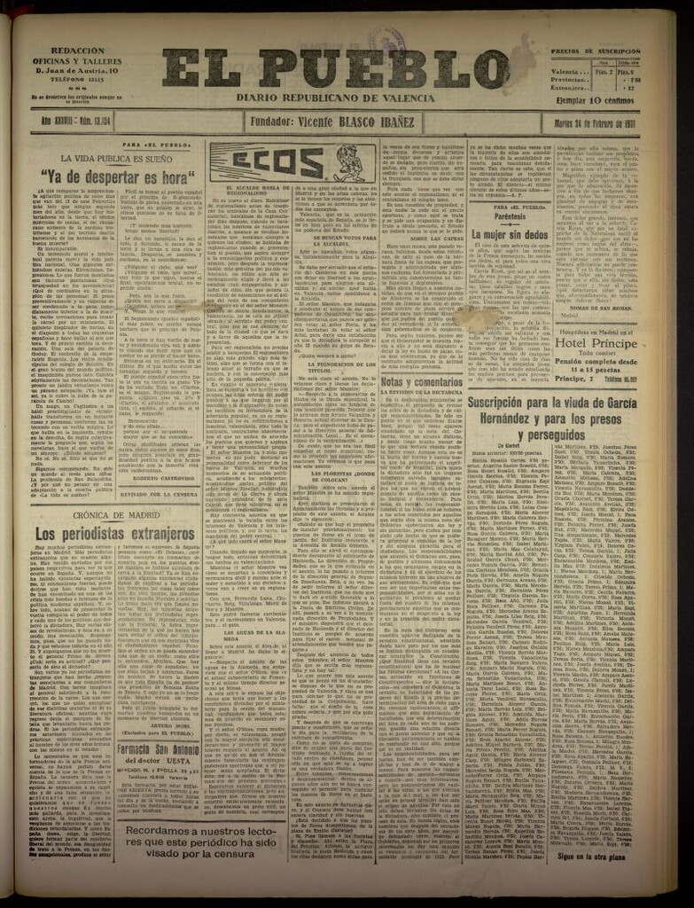 Miniatura de El Pueblo : Diario republicano de Valencia del 24 de febrero de 1931, nº 13354