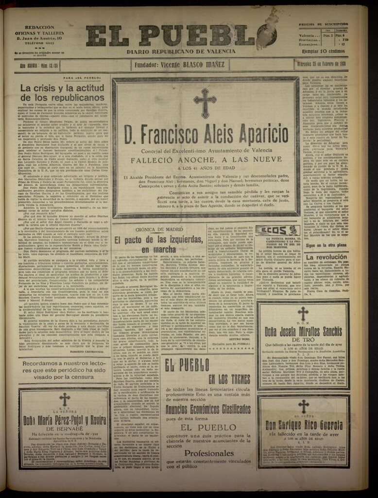 Miniatura de El Pueblo : Diario republicano de Valencia del 25 de febrero de 1931, nº 13355