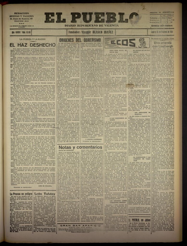 Miniatura de El Pueblo : Diario republicano de Valencia del 26 de febrero de 1931, nº 13356