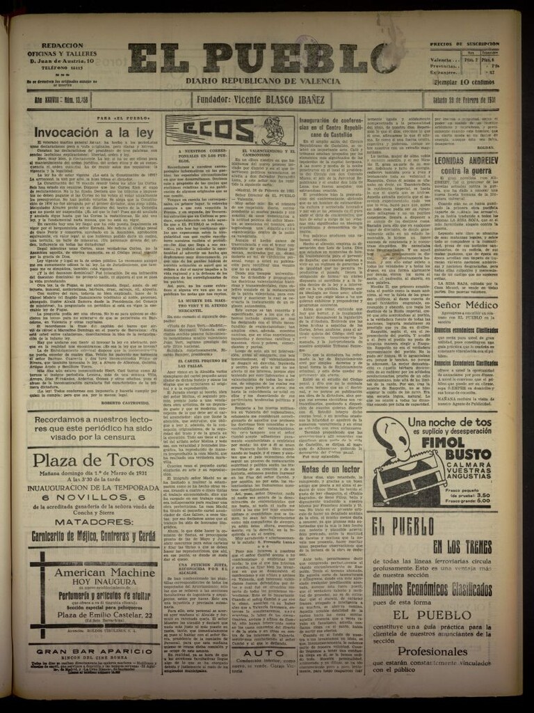 Miniatura de El Pueblo : Diario republicano de Valencia del 28 de febrero de 1931, nº 13358