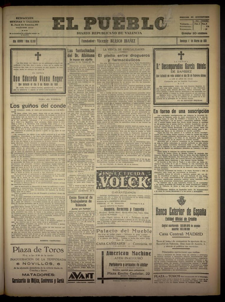 Miniatura de El Pueblo : Diario republicano de Valencia del 1 de marzo de 1931, nº 13359