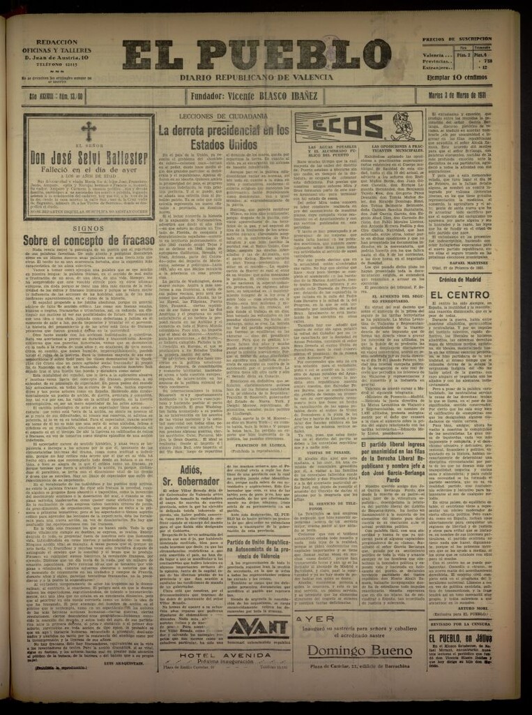 Miniatura de El Pueblo : Diario republicano de Valencia del 3 de marzo de 1931, nº 13360