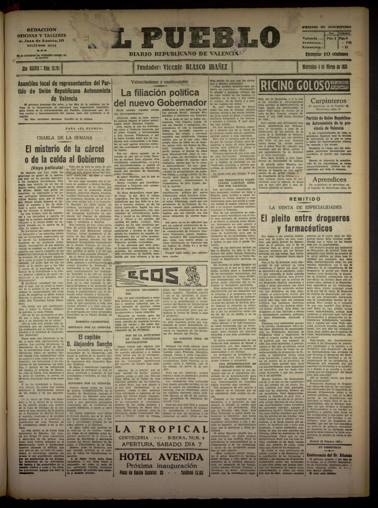 Miniatura de El Pueblo : Diario republicano de Valencia del 4 de marzo de 1931, nº 13361