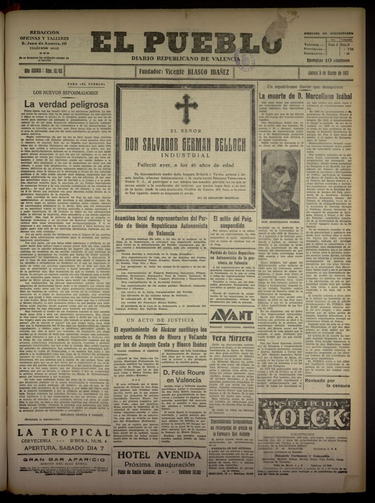 Miniatura de El Pueblo : Diario republicano de Valencia del 5 de marzo de 1931, nº 13362