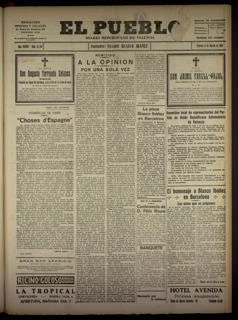 Miniatura de El Pueblo : Diario republicano de Valencia del 6 de marzo de 1931, nº 13363