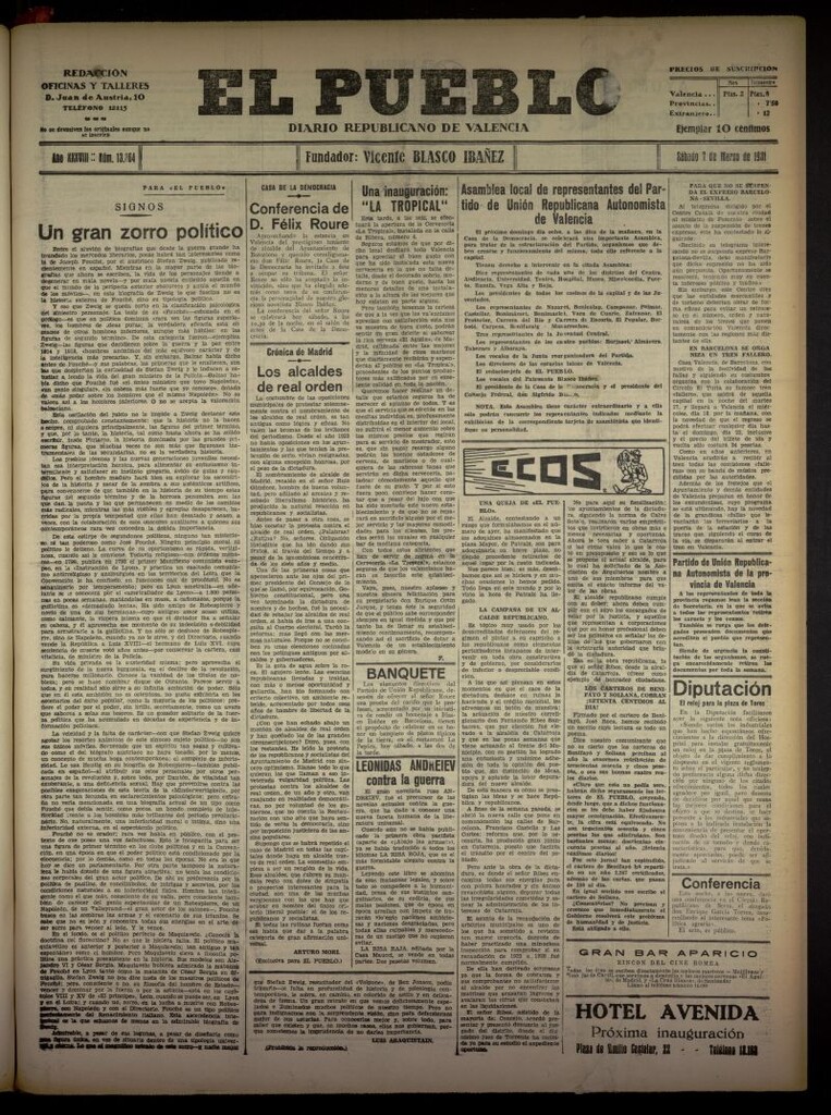 Miniatura de El Pueblo : Diario republicano de Valencia del 7 de marzo de 1931, nº 13364