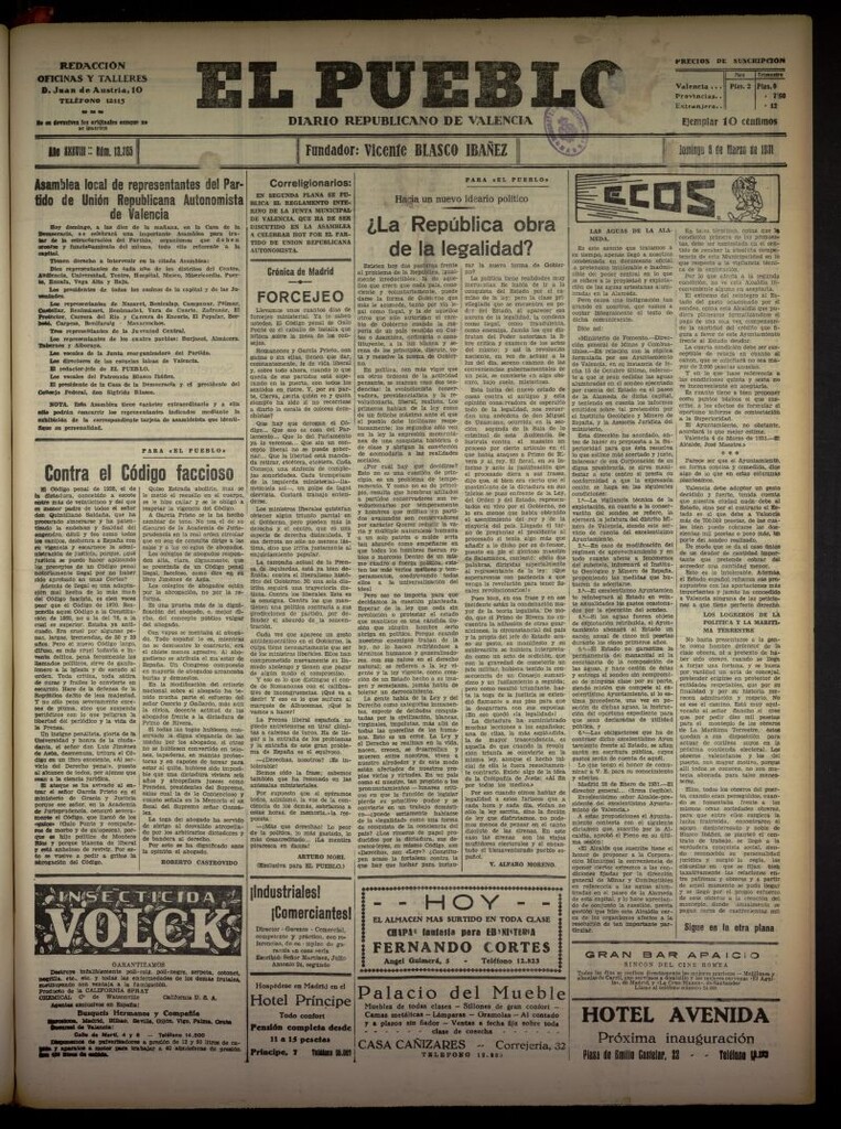 Miniatura de El Pueblo : Diario republicano de Valencia del 8 de marzo de 1931, nº 13365