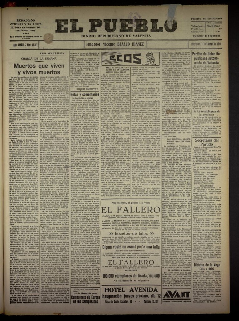 Miniatura de El Pueblo : Diario republicano de Valencia del 11 de marzo de 1931, nº 13367