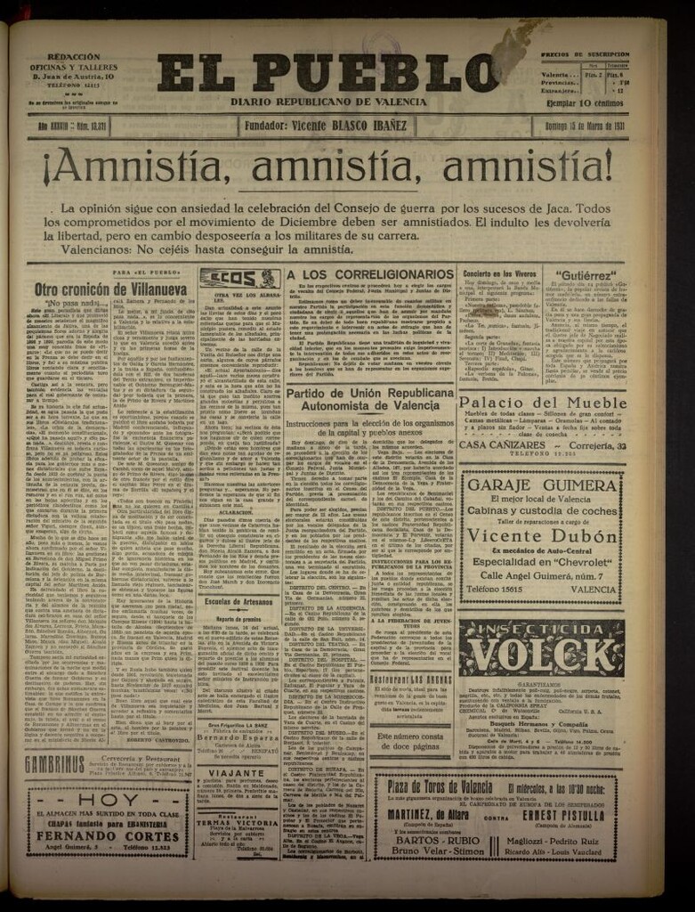Miniatura de El Pueblo : Diario republicano de Valencia del 15 de marzo de 1931, nº 13371