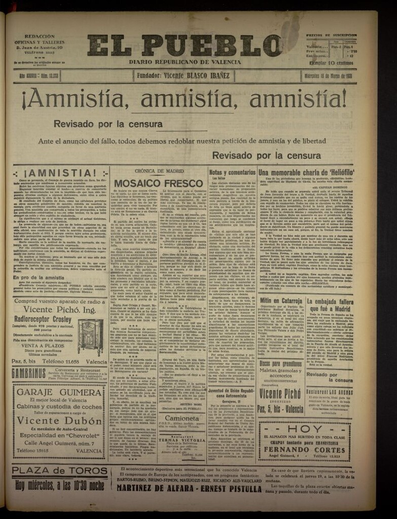 Miniatura de El Pueblo : Diario republicano de Valencia del 18 de marzo de 1931, nº 13373