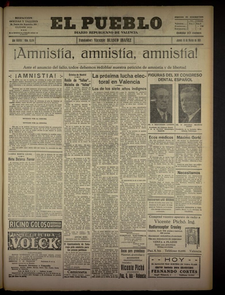 Miniatura de El Pueblo : Diario republicano de Valencia del 19 de marzo de 1931, nº 13374