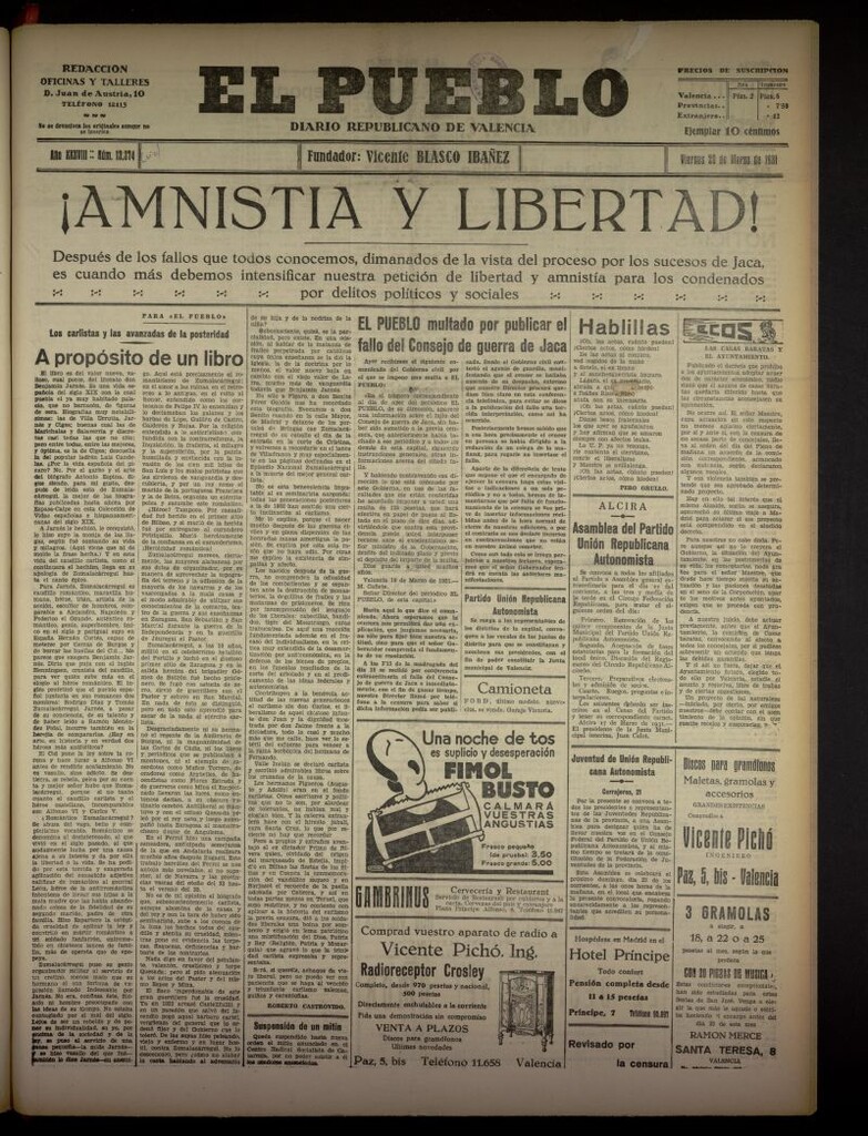 Miniatura de El Pueblo : Diario republicano de Valencia del 20 de marzo de 1931, nº 13374 [sic]