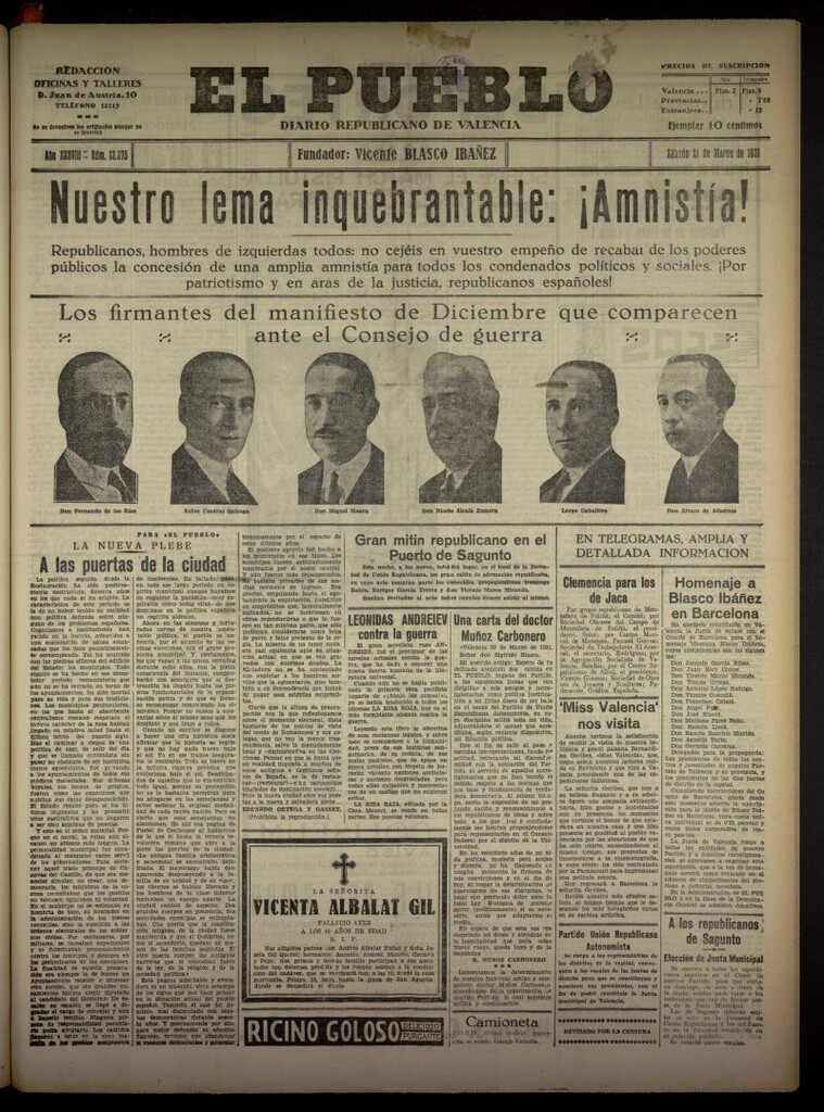 Miniatura de El Pueblo : Diario republicano de Valencia del 21 de marzo de 1931, nº 13375