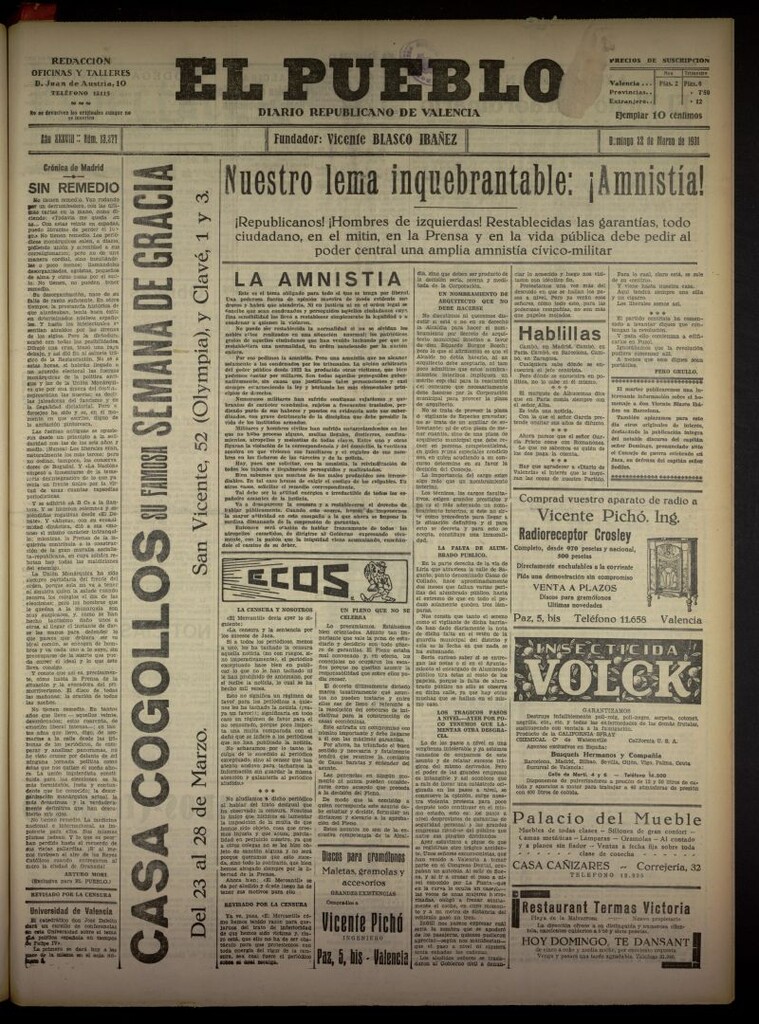 Miniatura de El Pueblo : Diario republicano de Valencia del 22 de marzo de 1931, nº 13377