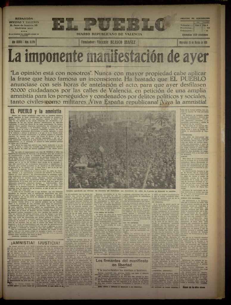 Miniatura de El Pueblo : Diario republicano de Valencia del 25 de marzo de 1931, nº 13379