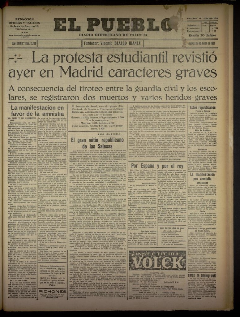Miniatura de El Pueblo : Diario republicano de Valencia del 26 de marzo de 1931, nº 13380