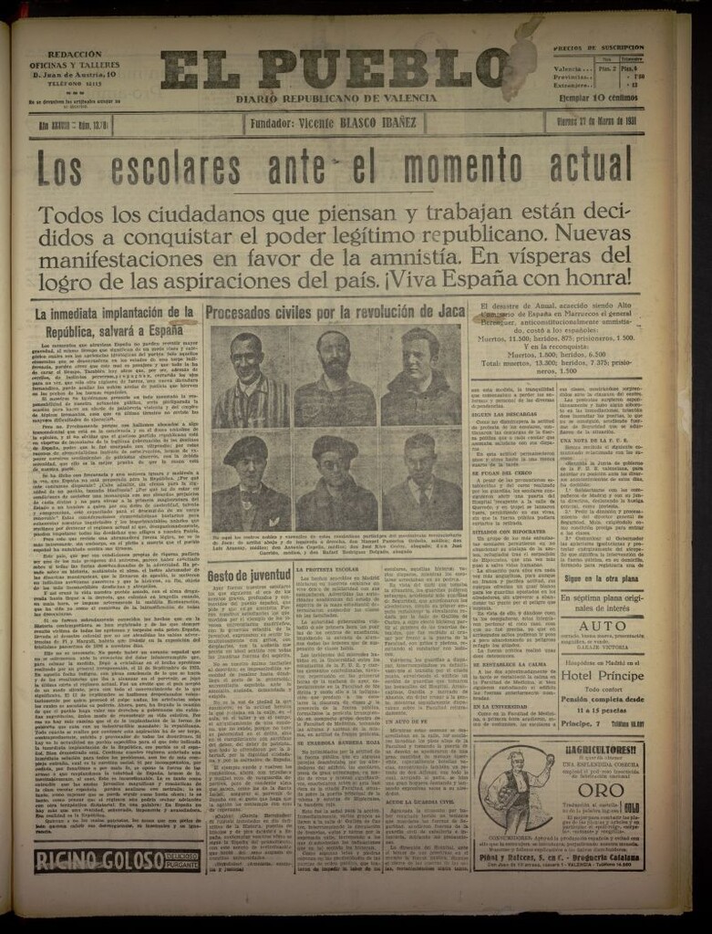 Miniatura de El Pueblo : Diario republicano de Valencia del 27 de marzo de 1931, nº 13381