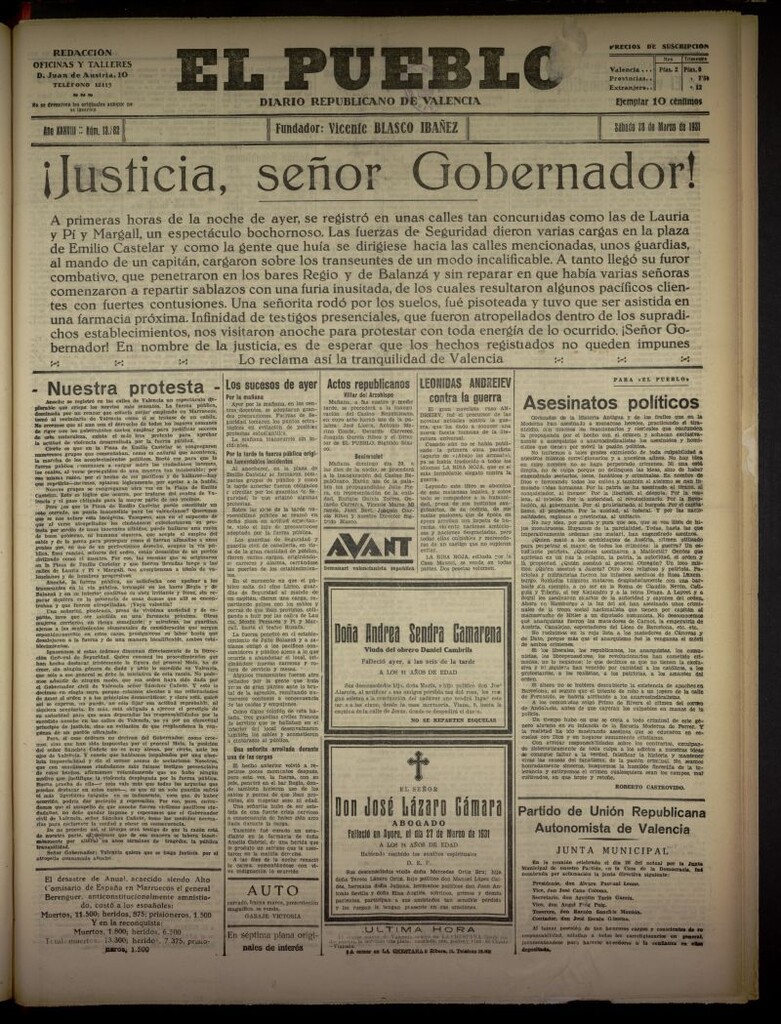 Miniatura de El Pueblo : Diario republicano de Valencia del 28 de marzo de 1931, nº 13382
