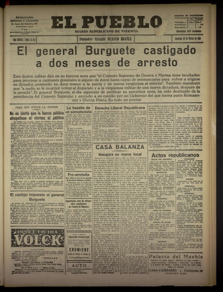 Miniatura de El Pueblo : Diario republicano de Valencia del 29 de marzo de 1931, nº 13383