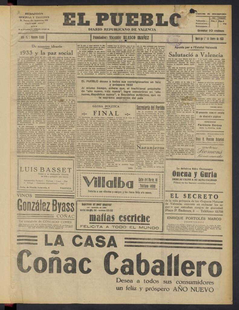 Miniatura de El Pueblo : Diario republicano de Valencia del 1 de enero de 1933, nº 13.955
