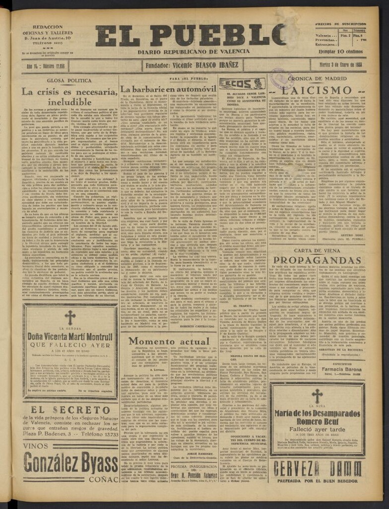 Miniatura de El Pueblo : Diario republicano de Valencia del 3 de enero de 1933, nº 13.956