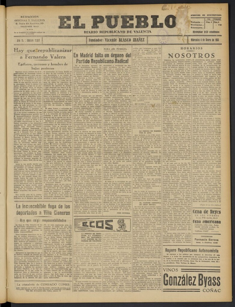 Miniatura de El Pueblo : Diario republicano de Valencia del 4 de enero de 1933, nº 13.957