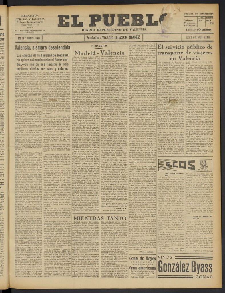 Miniatura de El Pueblo : Diario republicano de Valencia del 5 de enero de 1933, nº 13.958