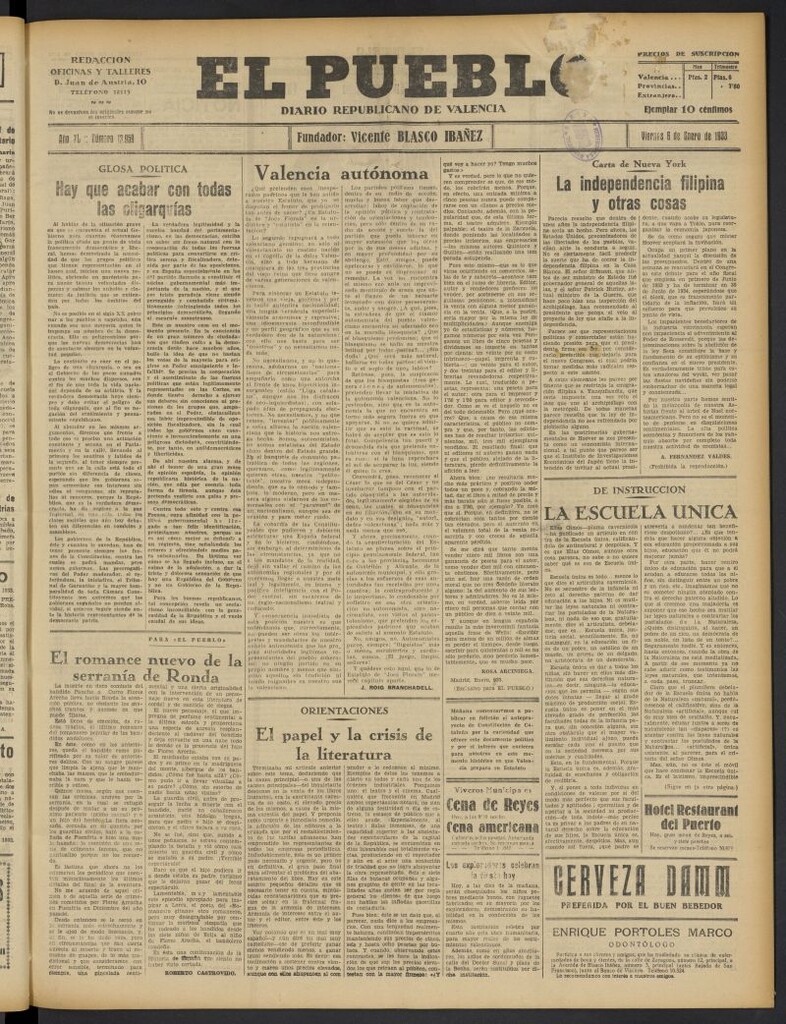 Miniatura de El Pueblo : Diario republicano de Valencia del 6 de enero de 1933, nº 13.959