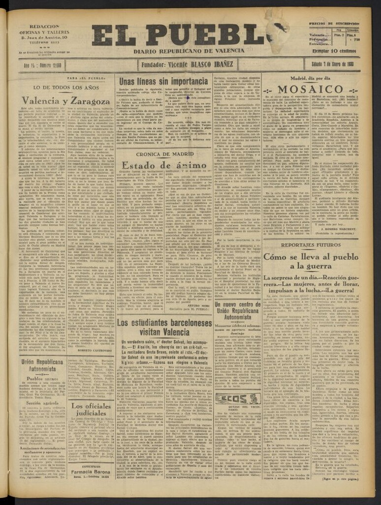Miniatura de El Pueblo : Diario republicano de Valencia del 7 de enero de 1933, nº 13.960