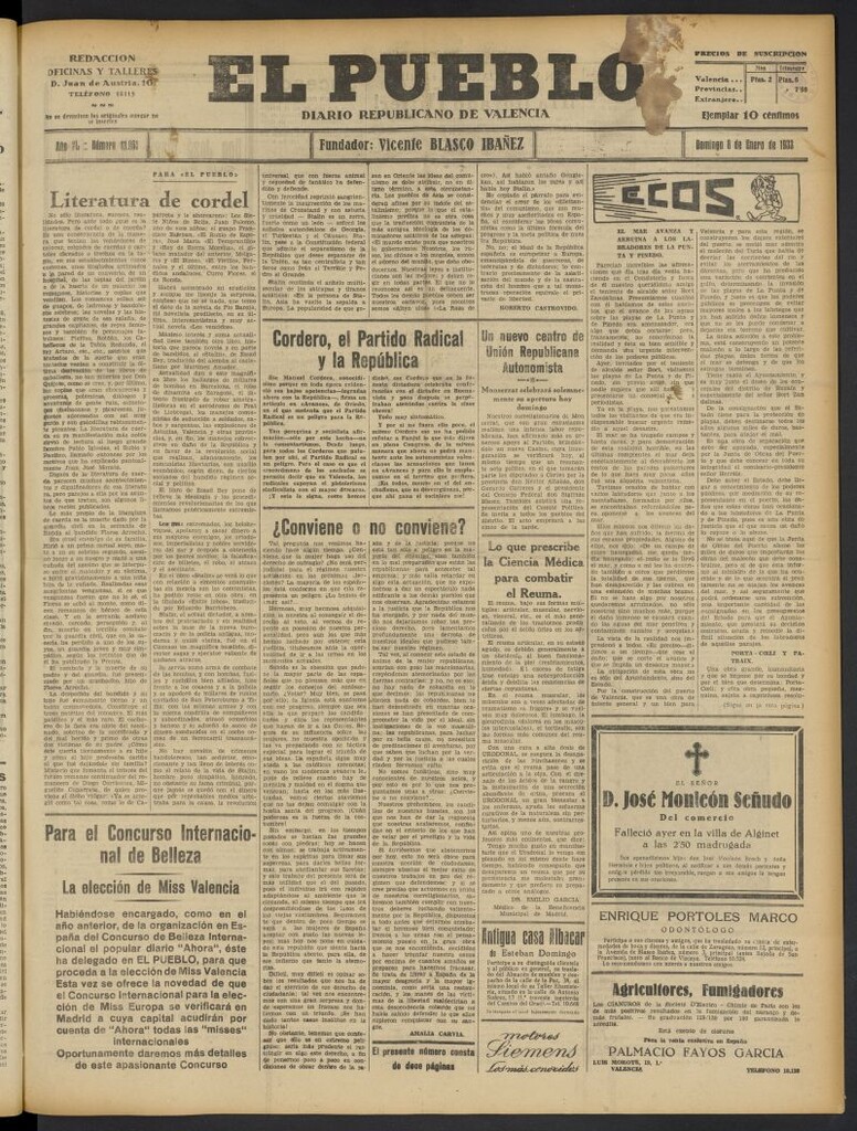 Miniatura de El Pueblo : Diario republicano de Valencia del 8 de enero de 1933, nº 13.961