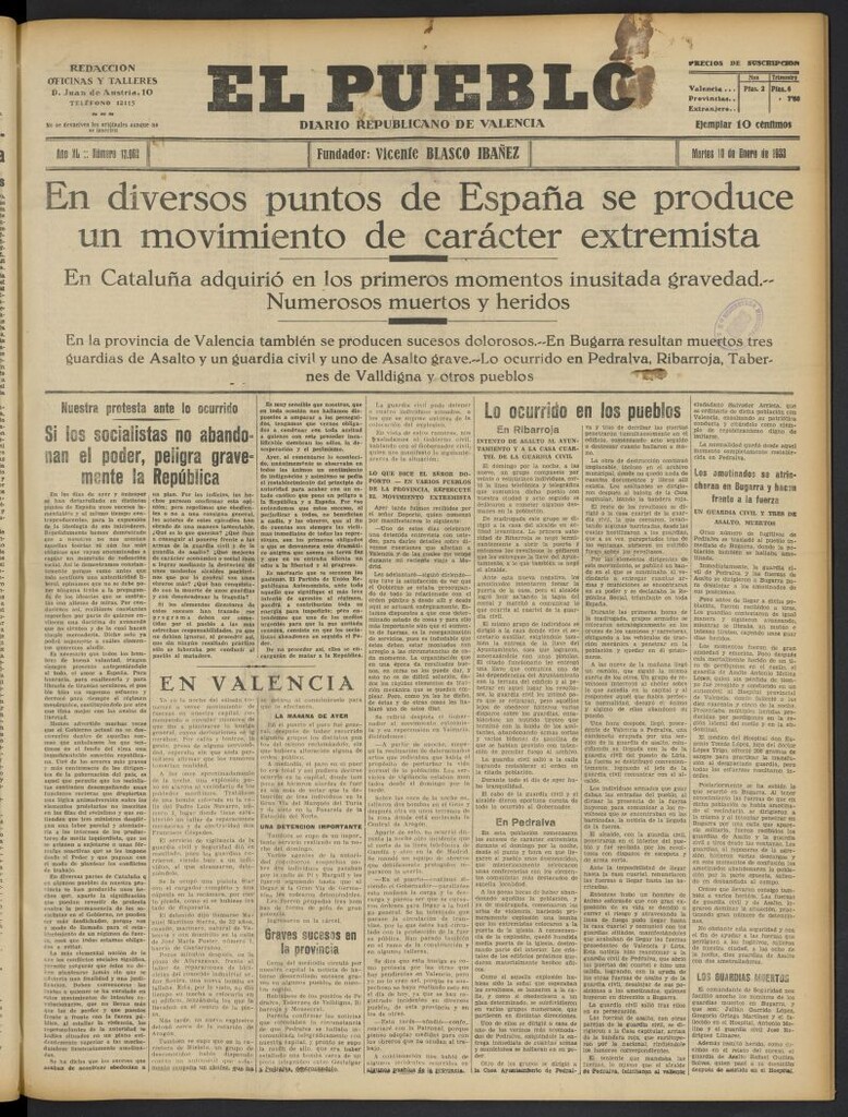 Miniatura de El Pueblo : Diario republicano de Valencia del 10 de enero de 1933, nº 13.962