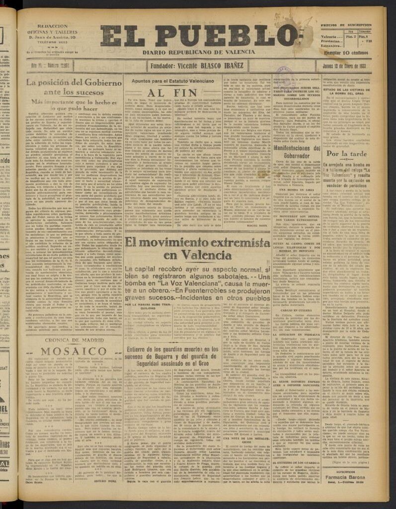 Miniatura de El Pueblo : Diario republicano de Valencia del 12 de enero de 1933, nº 13.964
