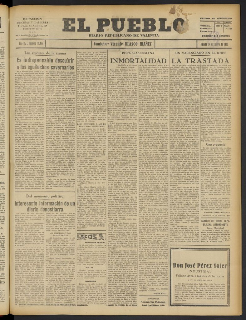 Miniatura de El Pueblo : Diario republicano de Valencia del 14 de enero de 1933, nº 13.966