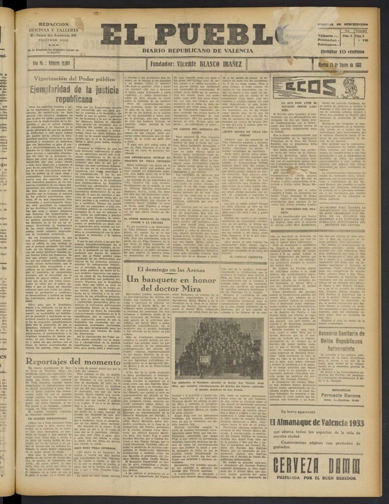 Miniatura de El Pueblo : Diario republicano de Valencia del 17 de enero de 1933, nº 13.968