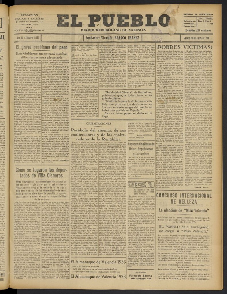 Miniatura de El Pueblo : Diario republicano de Valencia del 19 de enero de 1933, nº 13.970
