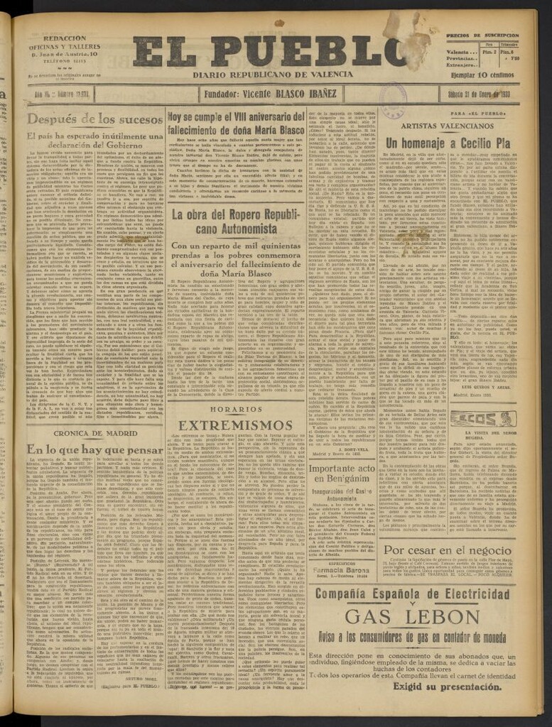 Miniatura de El Pueblo : Diario republicano de Valencia del 21 de enero de 1933, nº 13.972