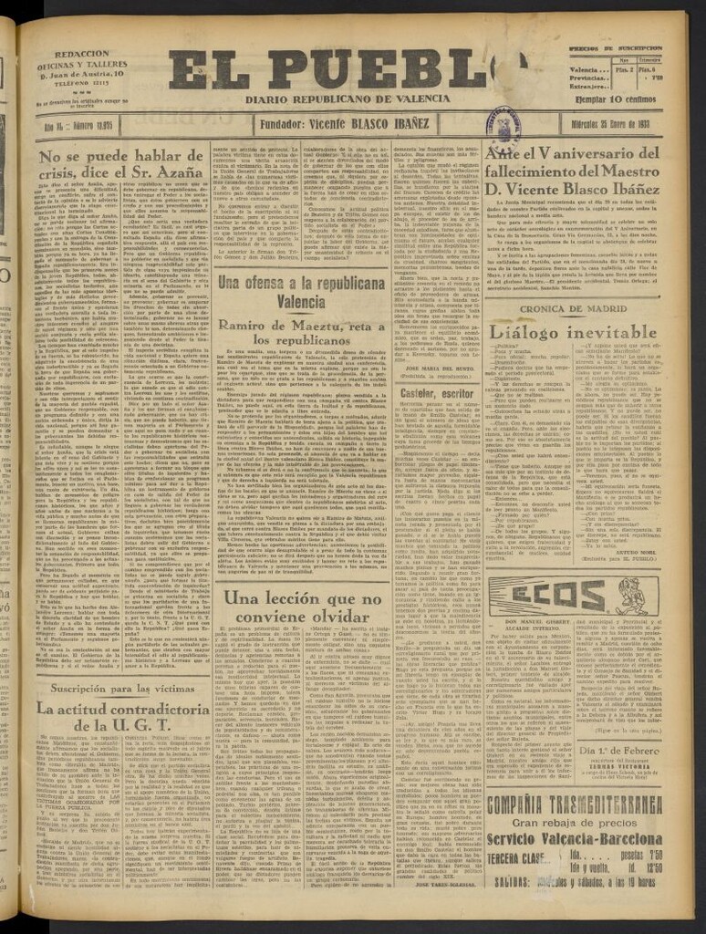 Miniatura de El Pueblo : Diario republicano de Valencia del 25 de enero de 1933, nº 13.975