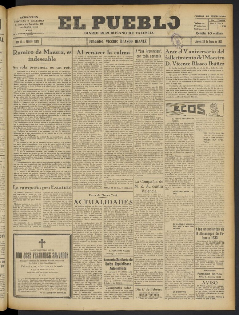 Miniatura de El Pueblo : Diario republicano de Valencia del 26 de enero de 1933, nº 13.976