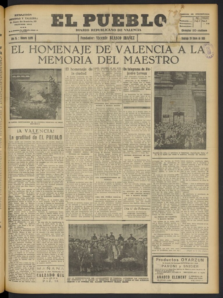 Miniatura de El Pueblo : Diario republicano de Valencia del 29 de enero de 1933, nº 13.979