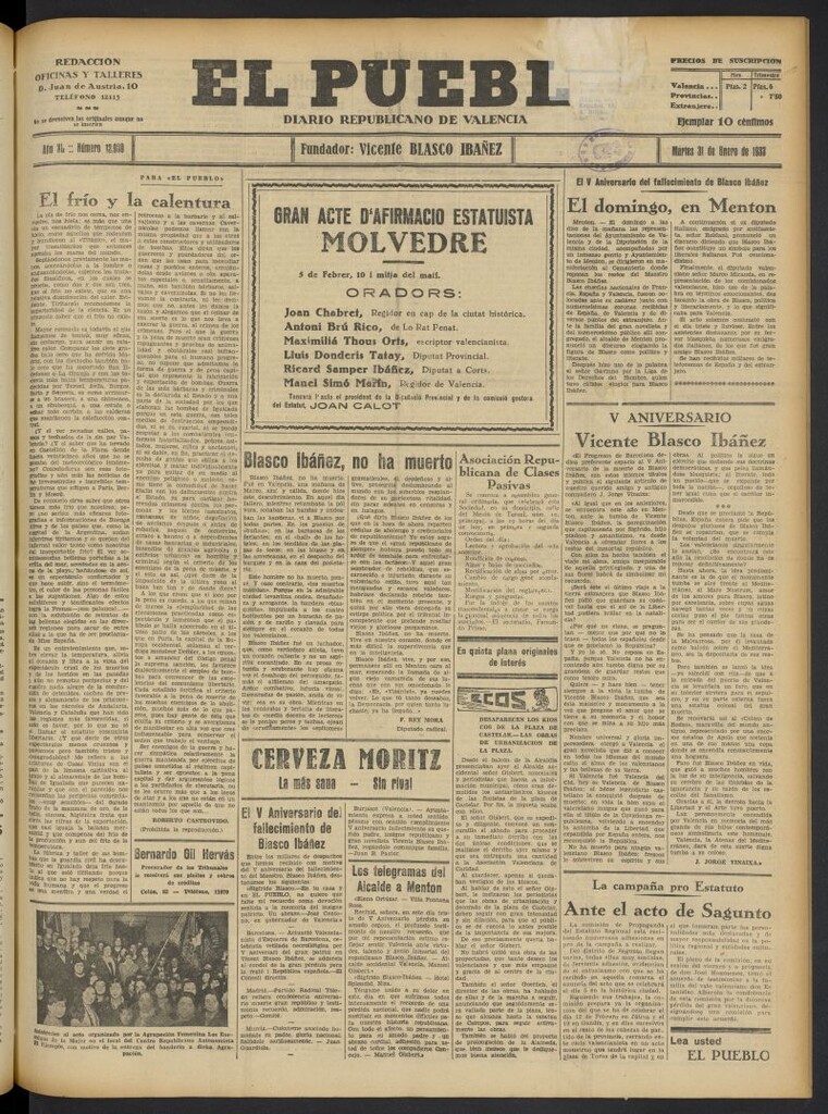 Miniatura de El Pueblo : Diario republicano de Valencia del 31 de enero de 1933, nº 13.980