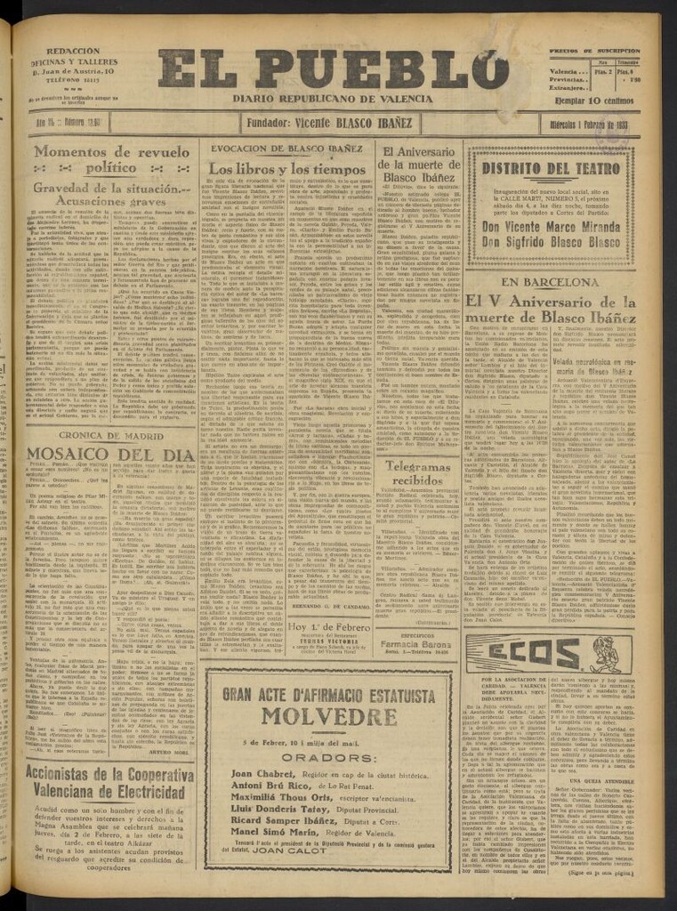 Miniatura de El Pueblo : Diario republicano de Valencia del 1 de febrero de 1933, nº 13.981
