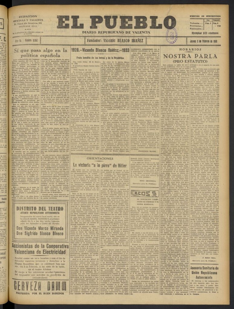 Miniatura de El Pueblo : Diario republicano de Valencia del 2 de febrero de 1933, nº 13.982