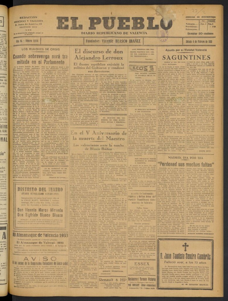 Miniatura de El Pueblo : Diario republicano de Valencia del 4 de febrero de 1933, nº 13.984