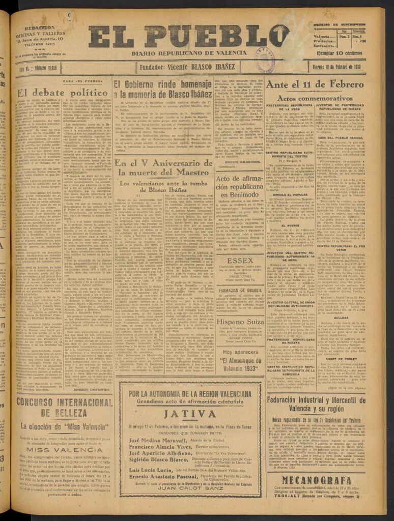 Miniatura de El Pueblo : Diario republicano de Valencia del 10 de febrero de 1933, nº 13.989